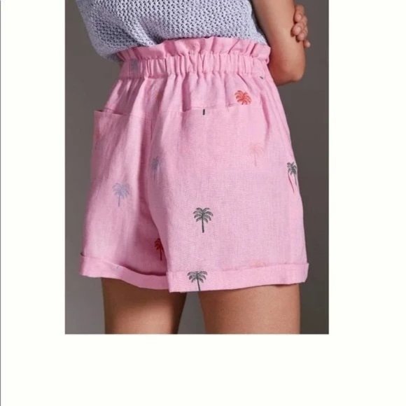 NWT Anthropologie FARM RIO Embroidered Pink Shorts Palm Trees Linen Size M - Picture 2 of 8